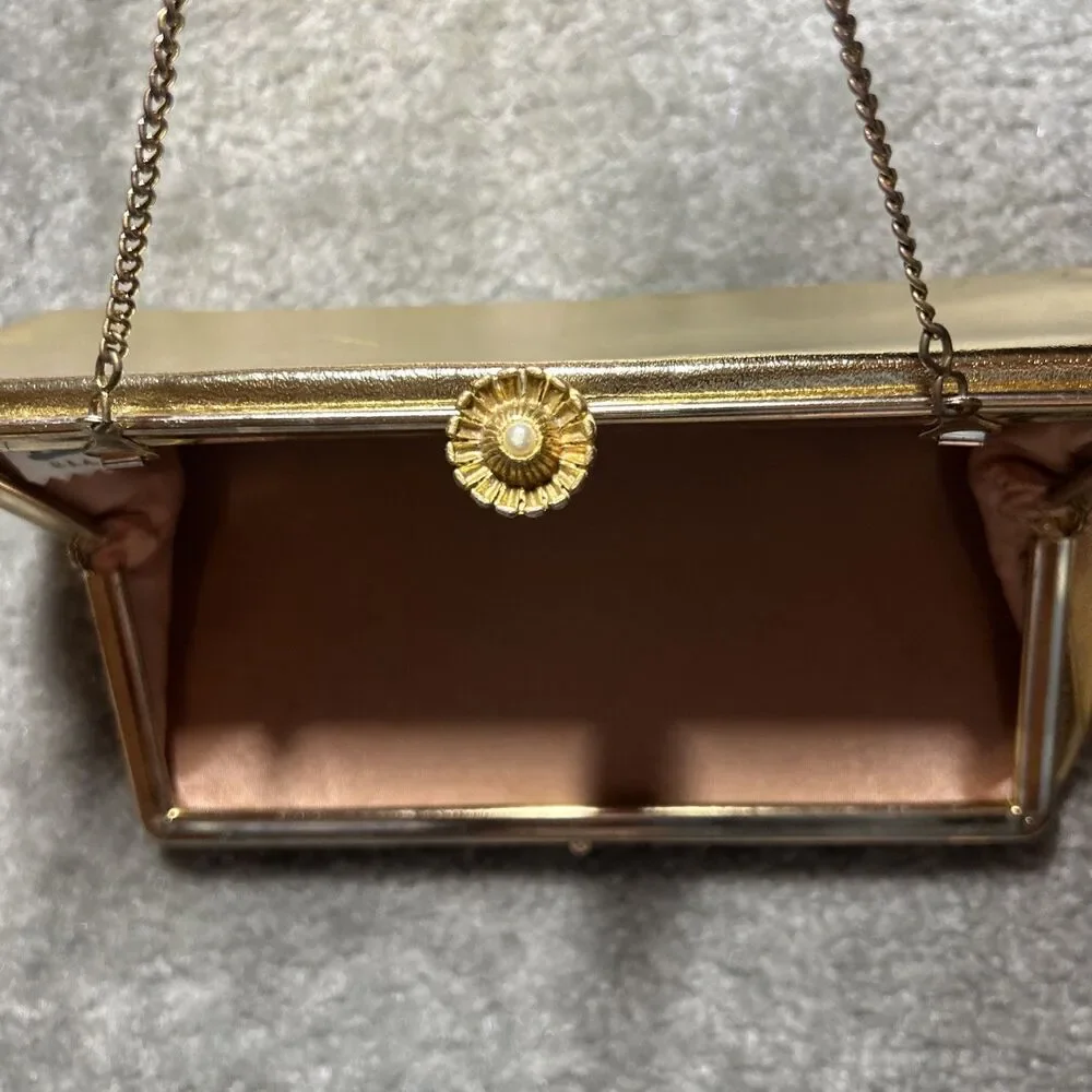 Vintage Gold Metallic Clutch Purse Evening Bag Chain Strap Satin Lined 50’s 60’s - Picture 12 of 16